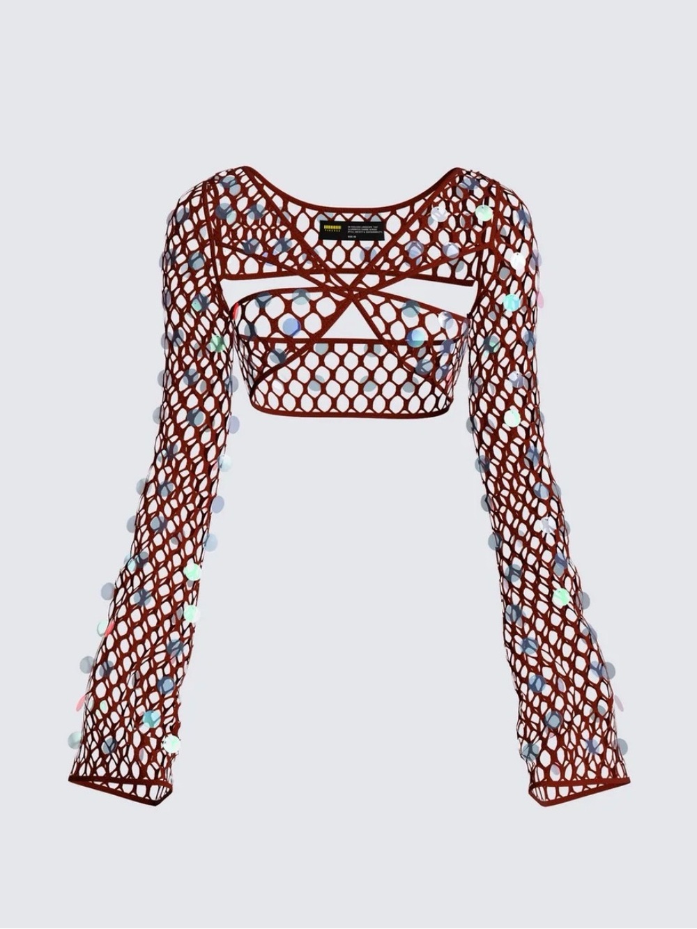 Finesse Brown Cropped Fishnet Long-Sleeve Top with Sequin Accents